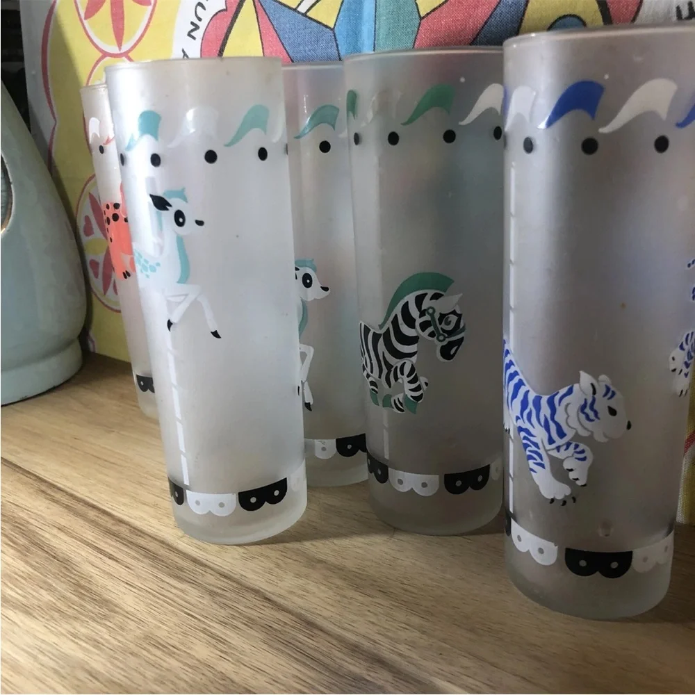 Libby Carousel Carnival 6 Glasses Horse Elephant Deer Zebra Tiger Vintage 60s